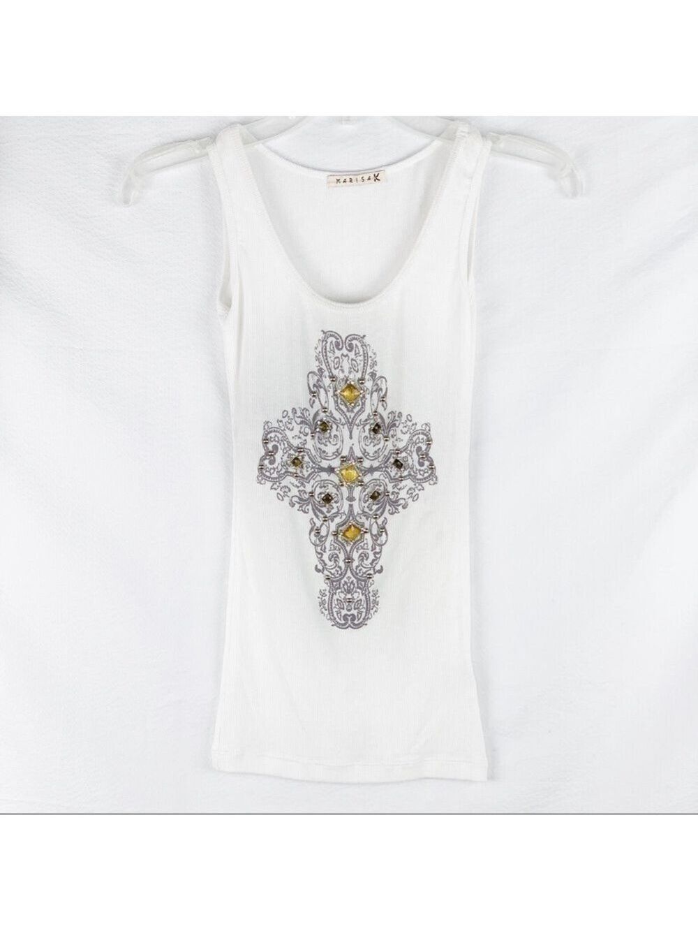 New Marisa K Jeweled/Studded/Printed White Tank Top!